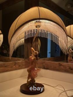 Lady Dancing Posing Table Lamp with Beaded Lamp Shade 26 Vintage