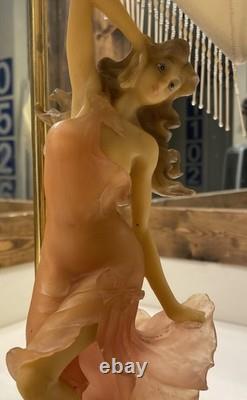 Lady Dancing Posing Table Lamp with Beaded Lamp Shade 26 Vintage