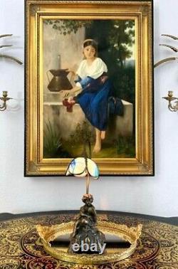 Lamp Bronze Cherub with Blue Stained Glass Shade Old Vintage Collectible