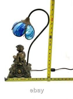 Lamp Bronze Cherub with Blue Stained Glass Shade Old Vintage Collectible