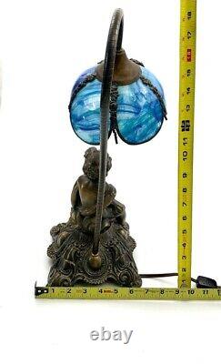 Lamp Bronze Cherub with Blue Stained Glass Shade Old Vintage Collectible