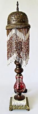 Lamp Vintage Bedside with Brass Dome Shade with Threaded Beads 22 Tall EVC