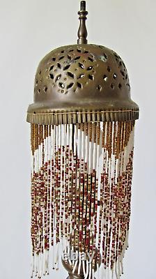 Lamp Vintage Bedside with Brass Dome Shade with Threaded Beads 22 Tall EVC