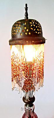 Lamp Vintage Bedside with Brass Dome Shade with Threaded Beads 22 Tall EVC