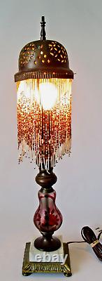 Lamp Vintage Bedside with Brass Dome Shade with Threaded Beads 22 Tall EVC