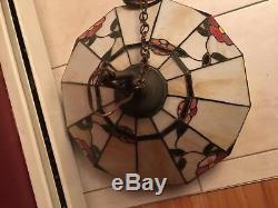Large 24 vintage Stained Leaded Glass Floral Hanging Lamp Shade Light Fixture