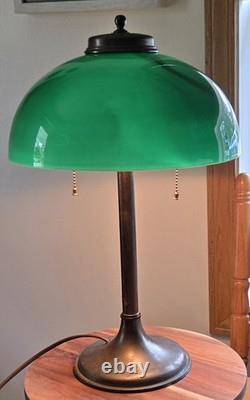 Large Antique Emeralite Style Green Cased Glass Lamp Shade And Base WithPatina