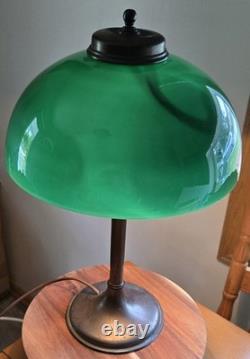 Large Antique Emeralite Style Green Cased Glass Lamp Shade And Base WithPatina