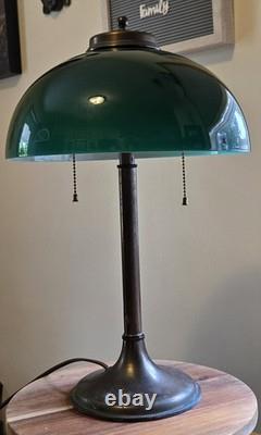 Large Antique Emeralite Style Green Cased Glass Lamp Shade And Base WithPatina