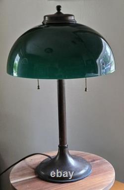 Large Antique Emeralite Style Green Cased Glass Lamp Shade And Base WithPatina