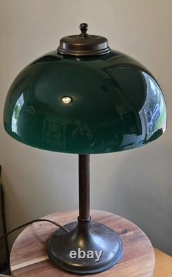 Large Antique Emeralite Style Green Cased Glass Lamp Shade And Base WithPatina