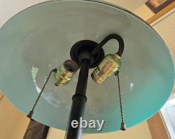 Large Antique Emeralite Style Green Cased Glass Lamp Shade And Base WithPatina
