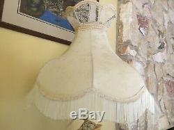 Large Antique Ivory Silk & Lace Victorian LAMP SHADE with Lace Crown & Fringe