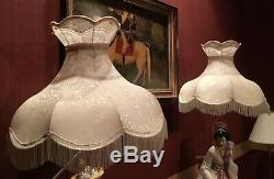 Large Antique Ivory Silk & Lace Victorian LAMP SHADE with Lace Crown & Fringe