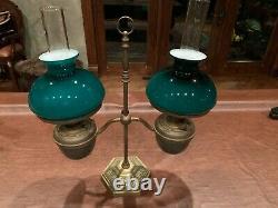 Large Double Antique Student Kerosene Brass Lamp Green Glass Shades & Chimneys