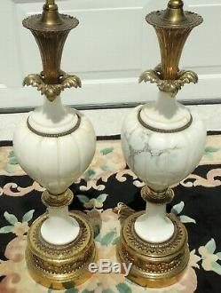 Large Pair Elegant Antique/Vtg Alabaster Marble Brass Table Lamps with Shades 5699