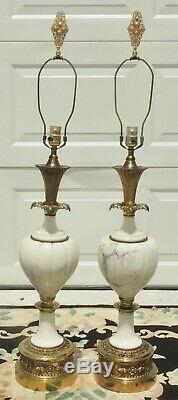 Large Pair Elegant Antique/Vtg Alabaster Marble Brass Table Lamps with Shades 5699