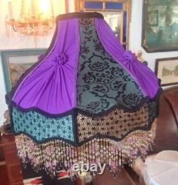 Large Victorian Style Purple, Green & Gold & Beaded Fringed Hand Made Lamp Shade