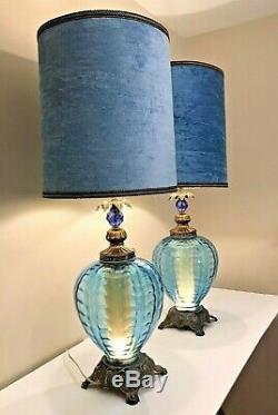 Large Vintage Blue Glass Double Light Lamps Velvet Shades L & L WMC Accurate