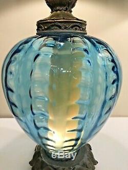 Large Vintage Blue Glass Double Light Lamps Velvet Shades L & L WMC Accurate