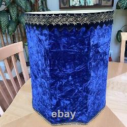 Large Vintage Blue Velvet Lamp Drum Shade Table Light Rare MCM Hexagon Nice Cool