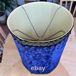 Large Vintage Blue Velvet Lamp Drum Shade Table Light Rare MCM Hexagon Nice Cool