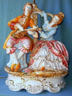 Large Vintage Capodimonte Porcelain Music Couple Lamp & Beautiful Fringed Shade