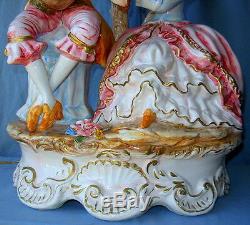Large Vintage Capodimonte Porcelain Music Couple Lamp & Beautiful Fringed Shade