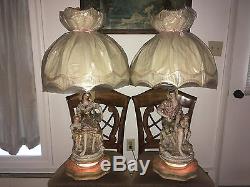 Large Vintage Capodimonte Table Lamp & Shade-fisherman & Boy Or Woman & Girl-vgc