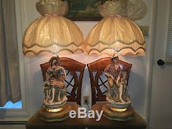 Large Vintage Capodimonte Table Lamp & Shade-fisherman & Boy Or Woman & Girl-vgc