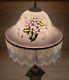 Large Vintage Hand Painted Lamp With Frosted Shade Of Violets And Glass Fringe