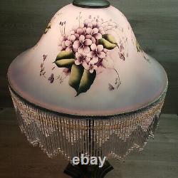 Large Vintage Hand Painted Lamp with Frosted Shade of Violets and Glass Fringe