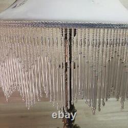 Large Vintage Hand Painted Lamp with Frosted Shade of Violets and Glass Fringe