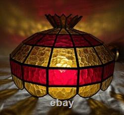 Large Vintage Leaded Stained Glass Lamp Shade 19.5D 14H Red & Amber