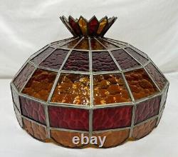 Large Vintage Leaded Stained Glass Lamp Shade 19.5D 14H Red & Amber