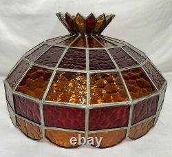 Large Vintage Leaded Stained Glass Lamp Shade 19.5D 14H Red & Amber