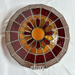 Large Vintage Leaded Stained Glass Lamp Shade 19.5D 14H Red & Amber