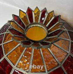 Large Vintage Leaded Stained Glass Lamp Shade 19.5D 14H Red & Amber