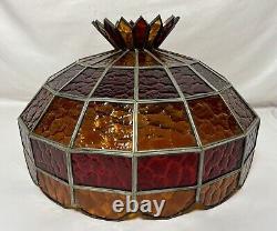 Large Vintage Leaded Stained Glass Lamp Shade 19.5D 14H Red & Amber