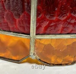 Large Vintage Leaded Stained Glass Lamp Shade 19.5D 14H Red & Amber