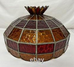 Large Vintage Leaded Stained Glass Lamp Shade 19.5D 14H Red & Amber