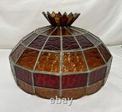 Large Vintage Leaded Stained Glass Lamp Shade 19.5D 14H Red & Amber