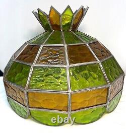 Large Vintage Leaded Stained Glass Pineapple Ceiling Light Lamp Shade Green & Am