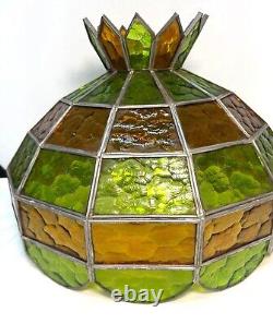 Large Vintage Leaded Stained Glass Pineapple Ceiling Light Lamp Shade Green & Am