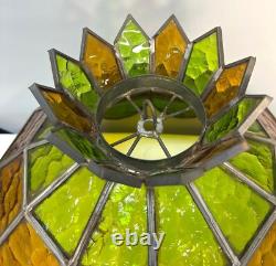 Large Vintage Leaded Stained Glass Pineapple Ceiling Light Lamp Shade Green & Am