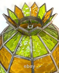 Large Vintage Leaded Stained Glass Pineapple Ceiling Light Lamp Shade Green & Am