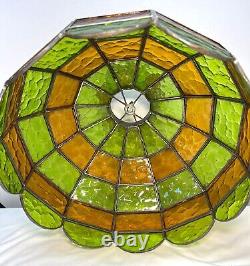 Large Vintage Leaded Stained Glass Pineapple Ceiling Light Lamp Shade Green & Am
