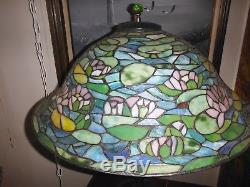 Large Vintage Leaded Stained Glass Table Lamp Shade with Wood Base Double Socket