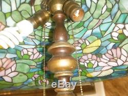 Large Vintage Leaded Stained Glass Table Lamp Shade with Wood Base Double Socket