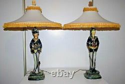 Large Vintage Mid Century Oriental/Asian Man Woman Chalkware Table Lamps/Shades